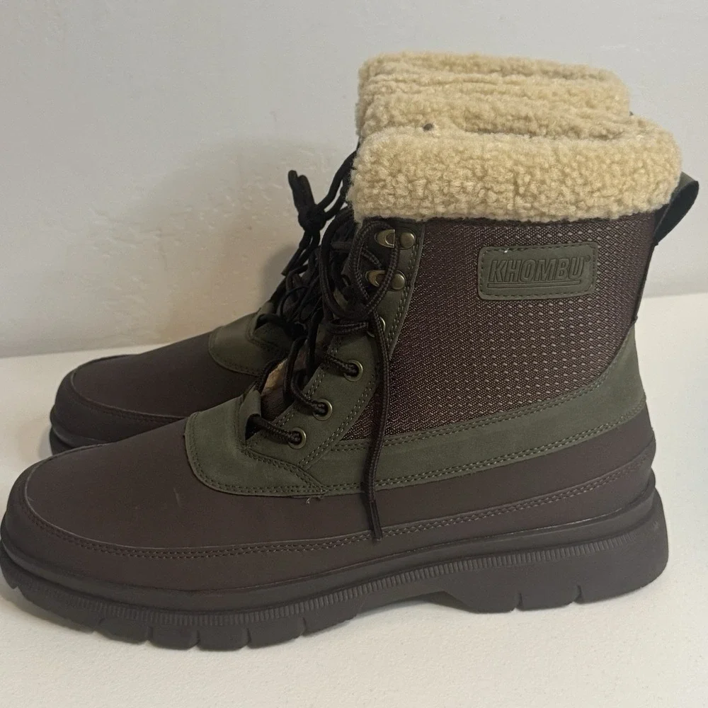 Khombu Mens Tall Winter Thermo Lite Fuzzy Lining Brown Green Boots Size 12M NEW